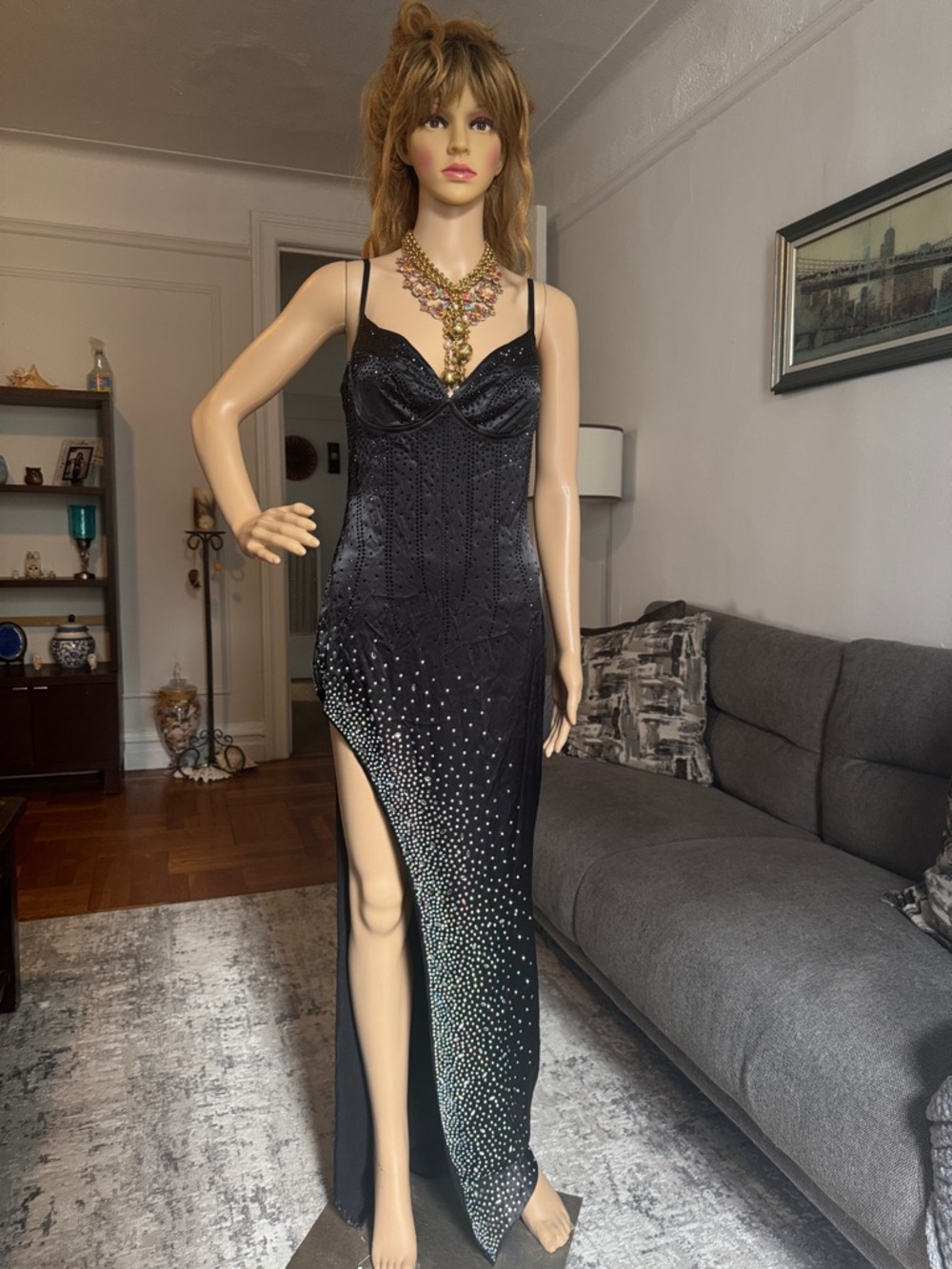 Fashion Nova Black Beaded High-Slit Evening Gown